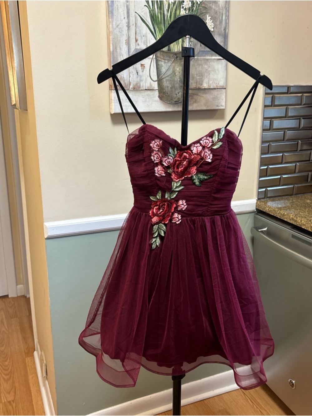 Party-Ready Burgundy Floral Applique Dress